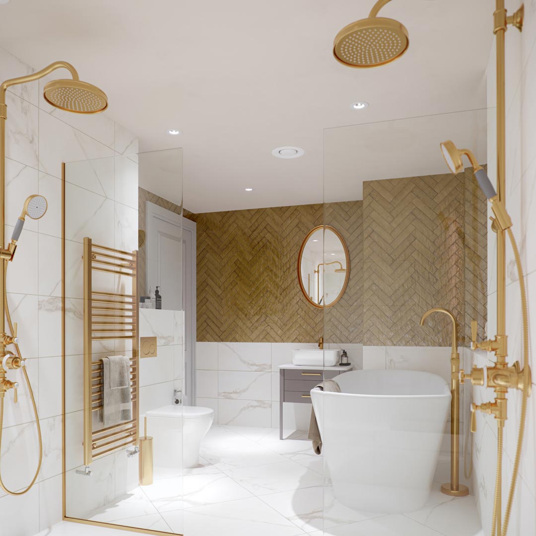 Cradel Haus, Grey Walls bathroom interior CGI visualisation, alternate view