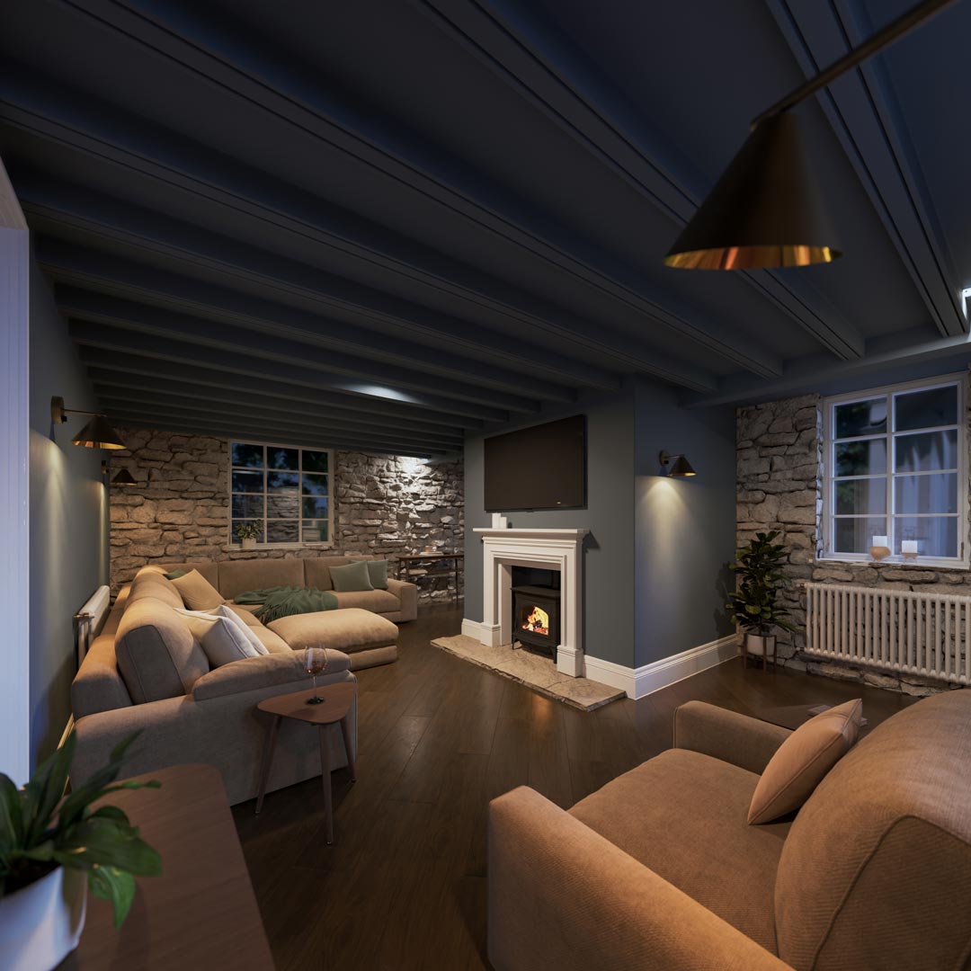 Sands Farm Cottages lounge interior CGI visualisation, evening view