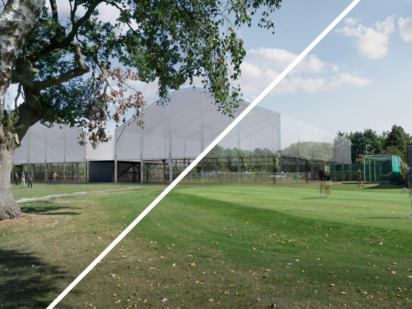Planning visualisation swipe, wireframe massing on the left transitioning into the existing site photo on the right