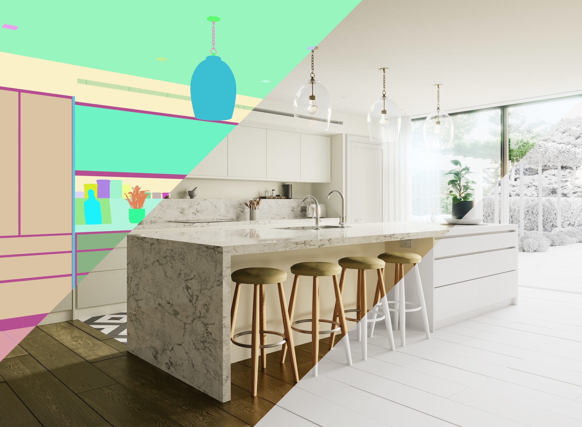 Design development interior CGI visualisation, concept sketch transitioning into a finished kitchen render