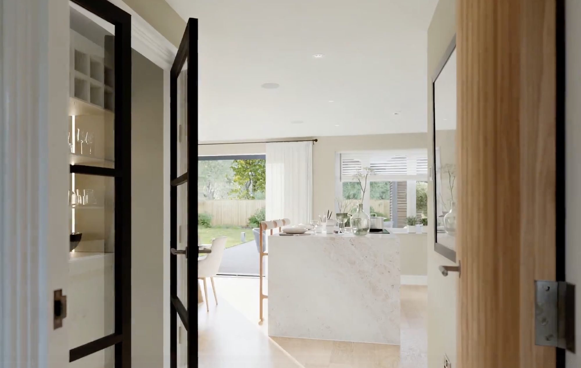 Interior animation still, doorway into a kitchen